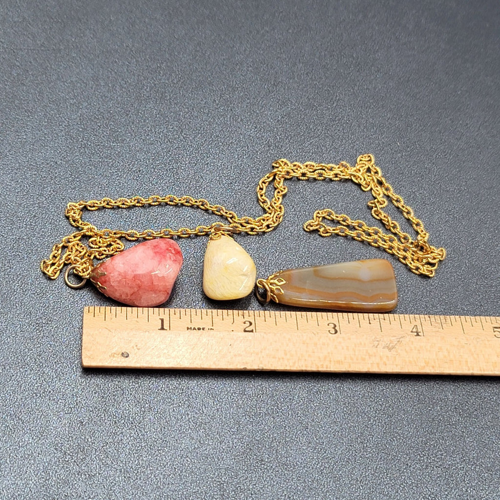 Vintage Agate Stone Gold Tone Chain Polished 3 Pink Brown Yellow Pendants 24"