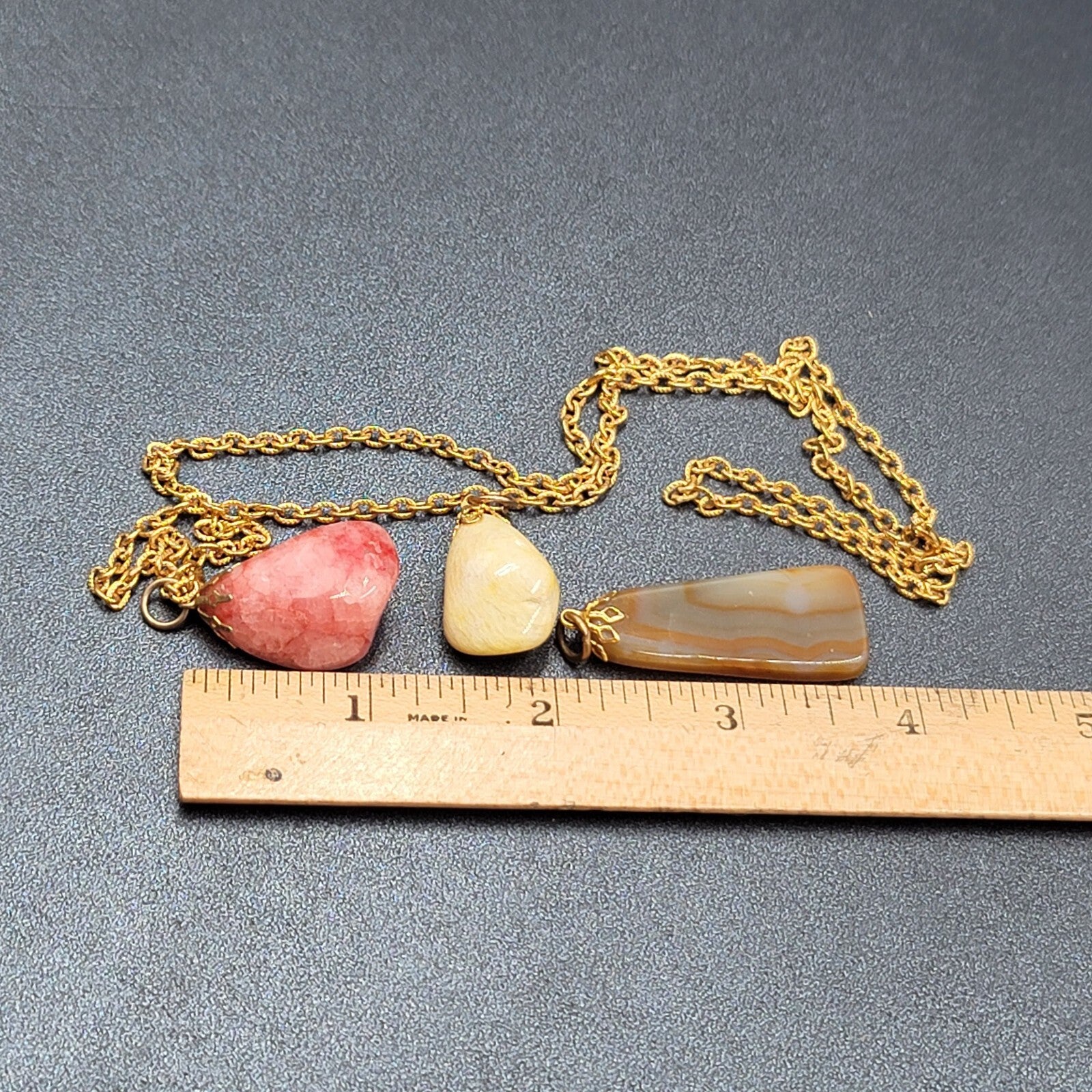 Vintage Agate Stone Gold Tone Chain Polished 3 Pink Brown Yellow Pendants 24"