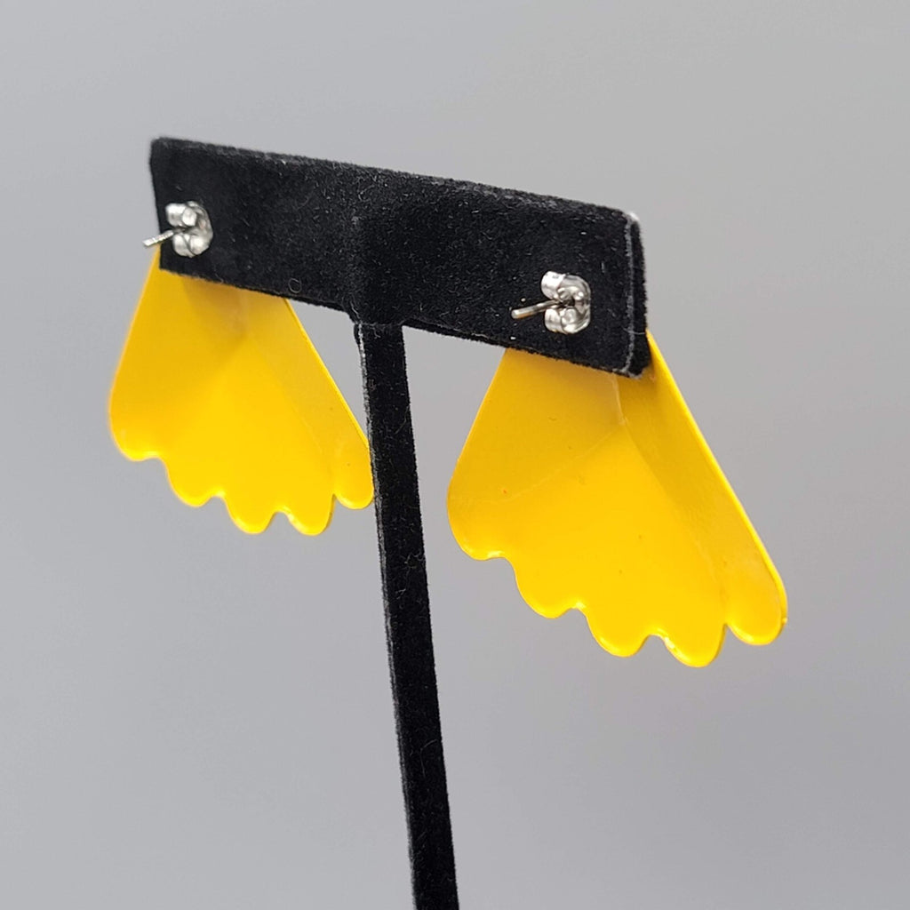 Vintage Pierced Earrings Yellow Enamel Triangle Drop Statement 80s 1.5"