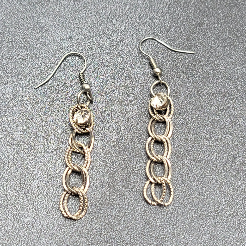 Pierced Earrings Silver tone Rhinestone Dangle Chain 1.75"