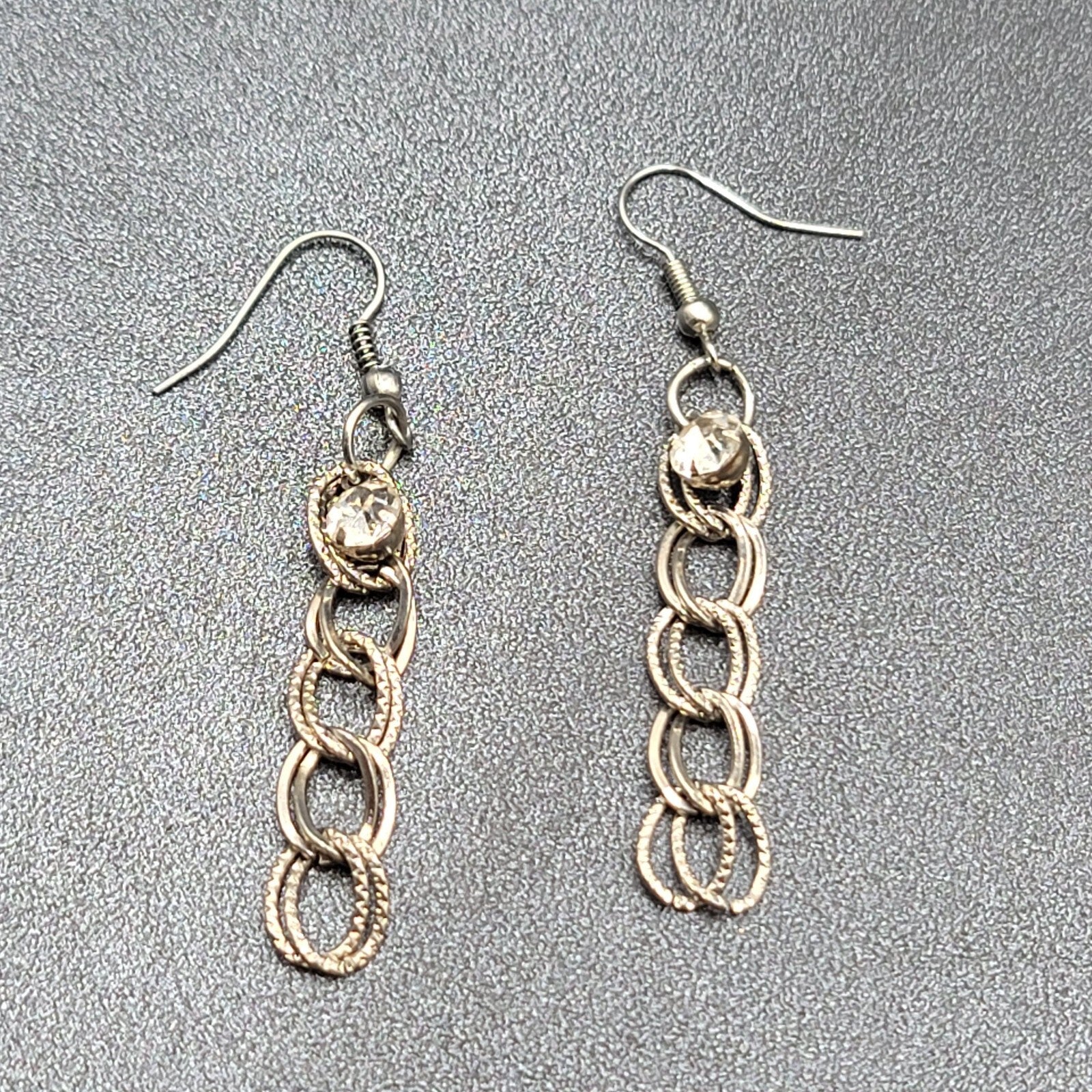Pierced Earrings Silver tone Rhinestone Dangle Chain 1.75"