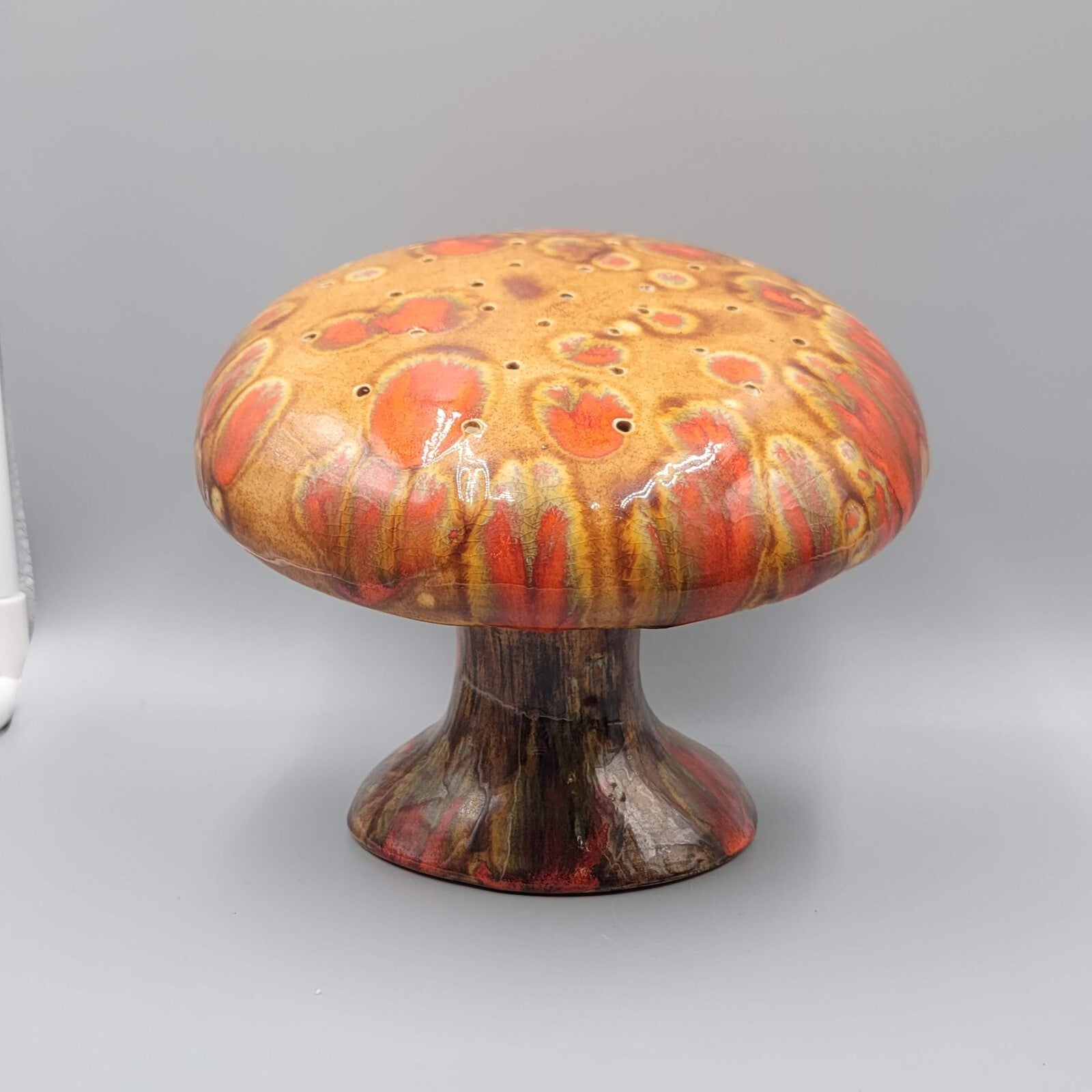 Vintage Large Cermaic Mushroom Incense Burner Orange Drip 6"x7"