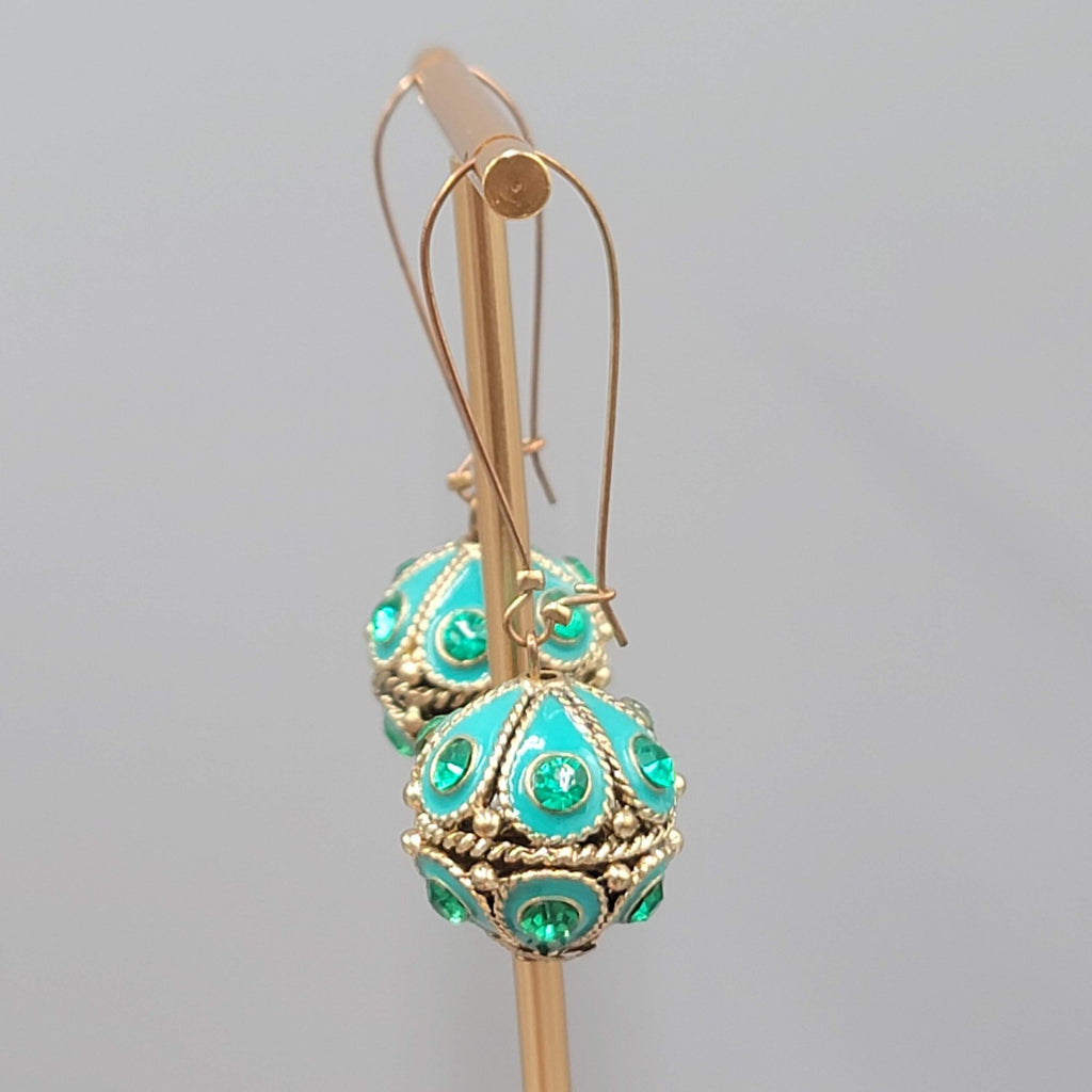 Green Rhinestone Blue Enamel Boho Pierced Earrings Gold tone Dangle 2.5 in