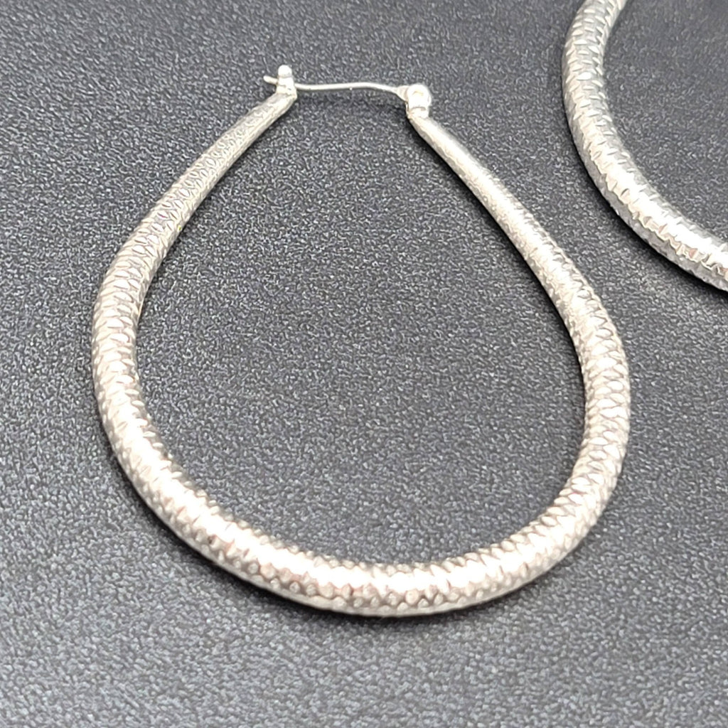 Pierced Earrings Silver tone Large Textured Hoops Teardrop Dangle 2.25"