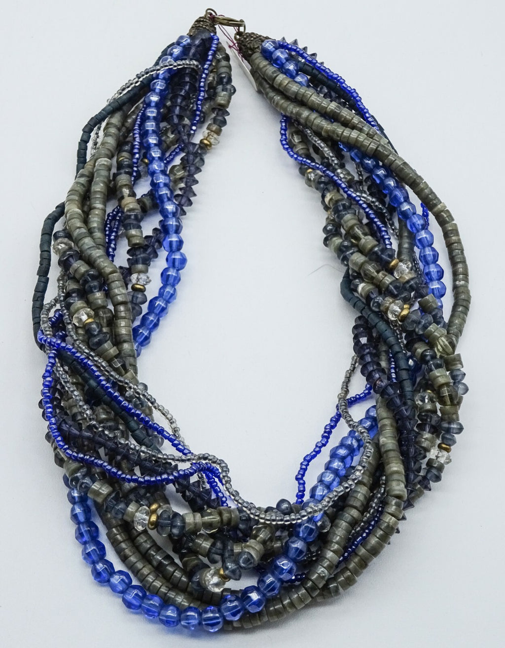 Vintage Necklace Blue Gray Bead Shell 12 Strand Estate Costume Jewelry 18"