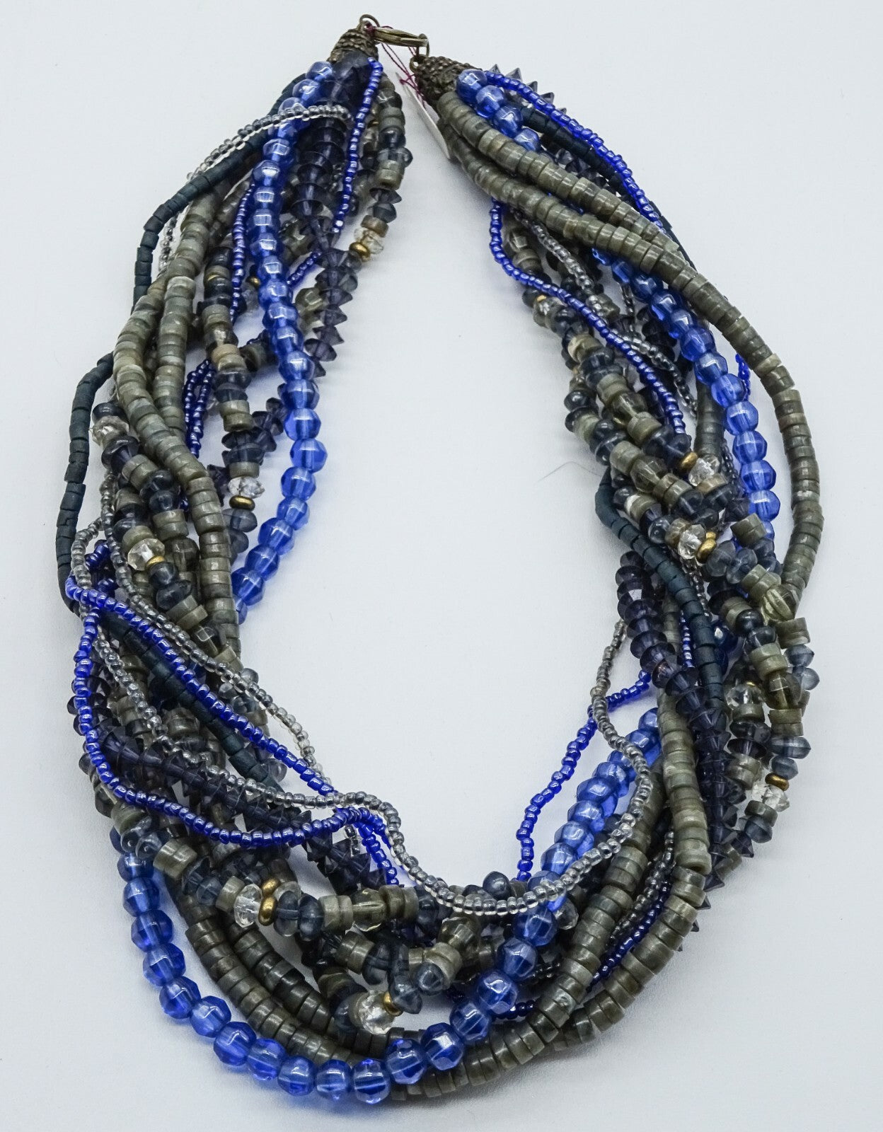 Vintage Necklace Blue Gray Bead Shell 12 Strand Estate Costume Jewelry 18"