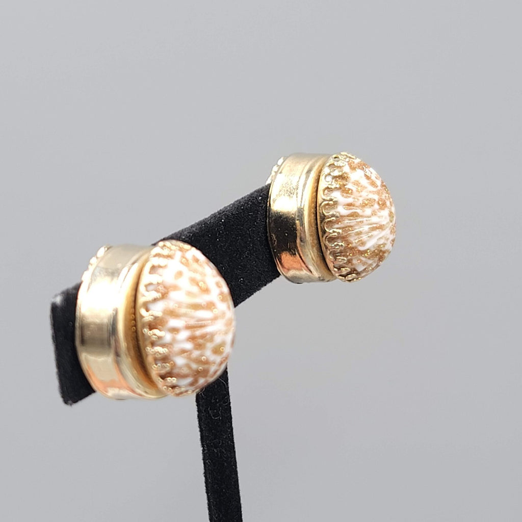 Vintage Clip on Earrings Copper Glitter Glass Cabochon Gold tone 3/4"
