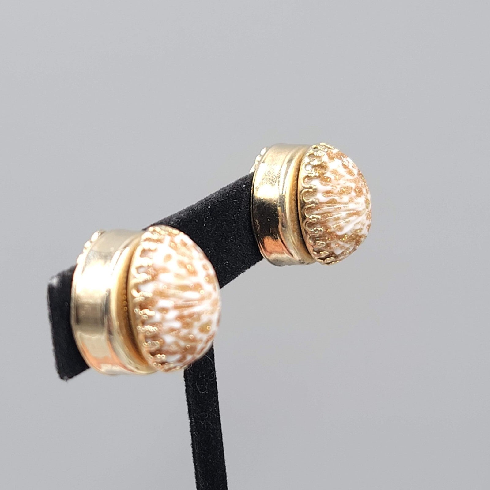 Vintage Clip on Earrings Copper Glitter Glass Cabochon Gold tone 3/4"