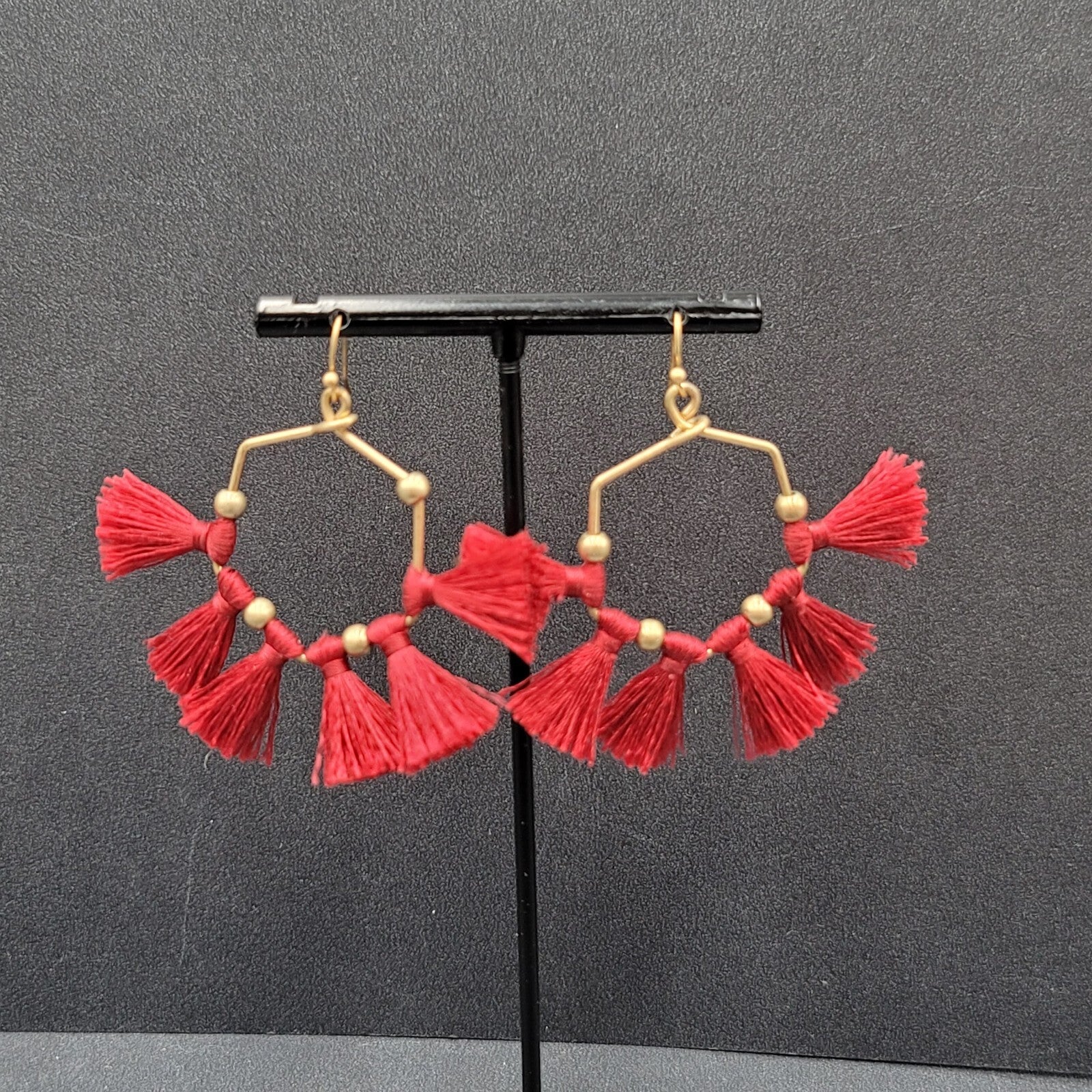 Pierced Earrings Gold tone Red Tassel Fun Fashion Statement Dangle 2"