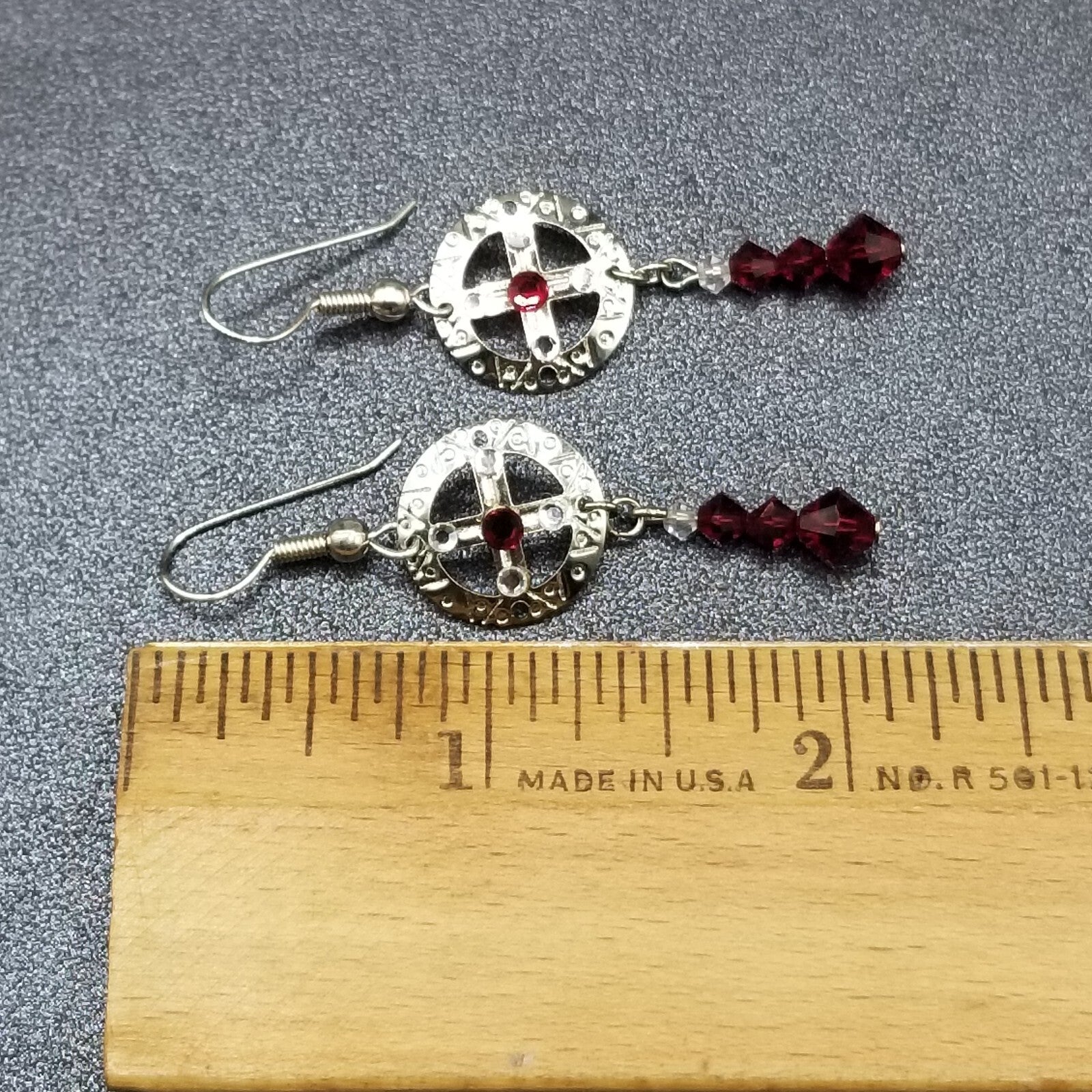 Pierced Earrings Silver tone Open Work Red Crystal Bead Statement Dangle 1 1/2"