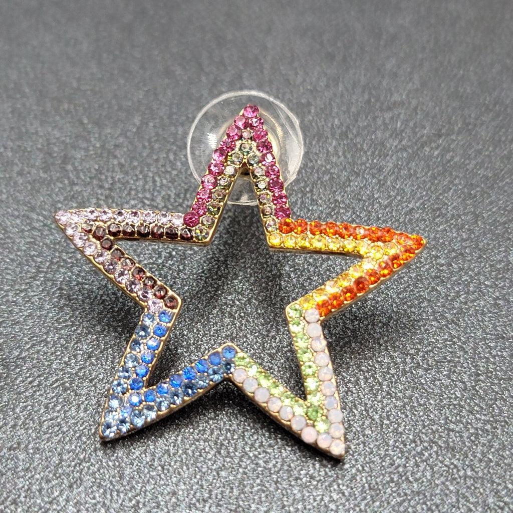 Open Star Pierced Earrings Multicolor Tiny Crystals Drop 1.25"