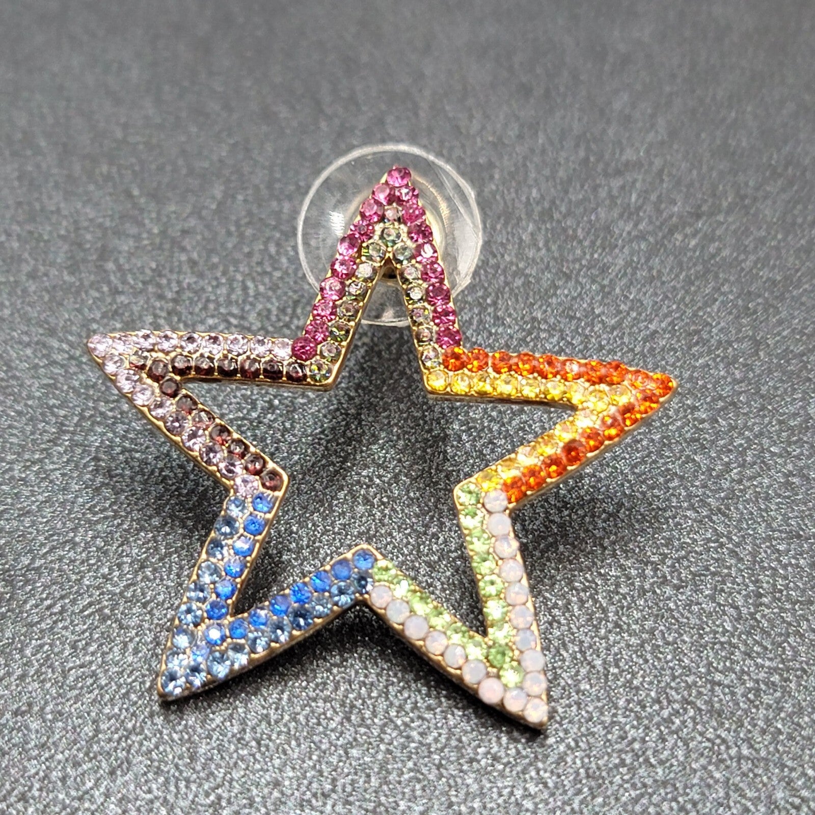 Open Star Pierced Earrings Multicolor Tiny Crystals Drop 1.25"