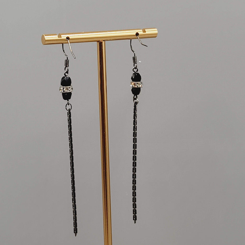 Black Metal Chain Pierced Earrings Rhinestone Bead Dangle 3"
