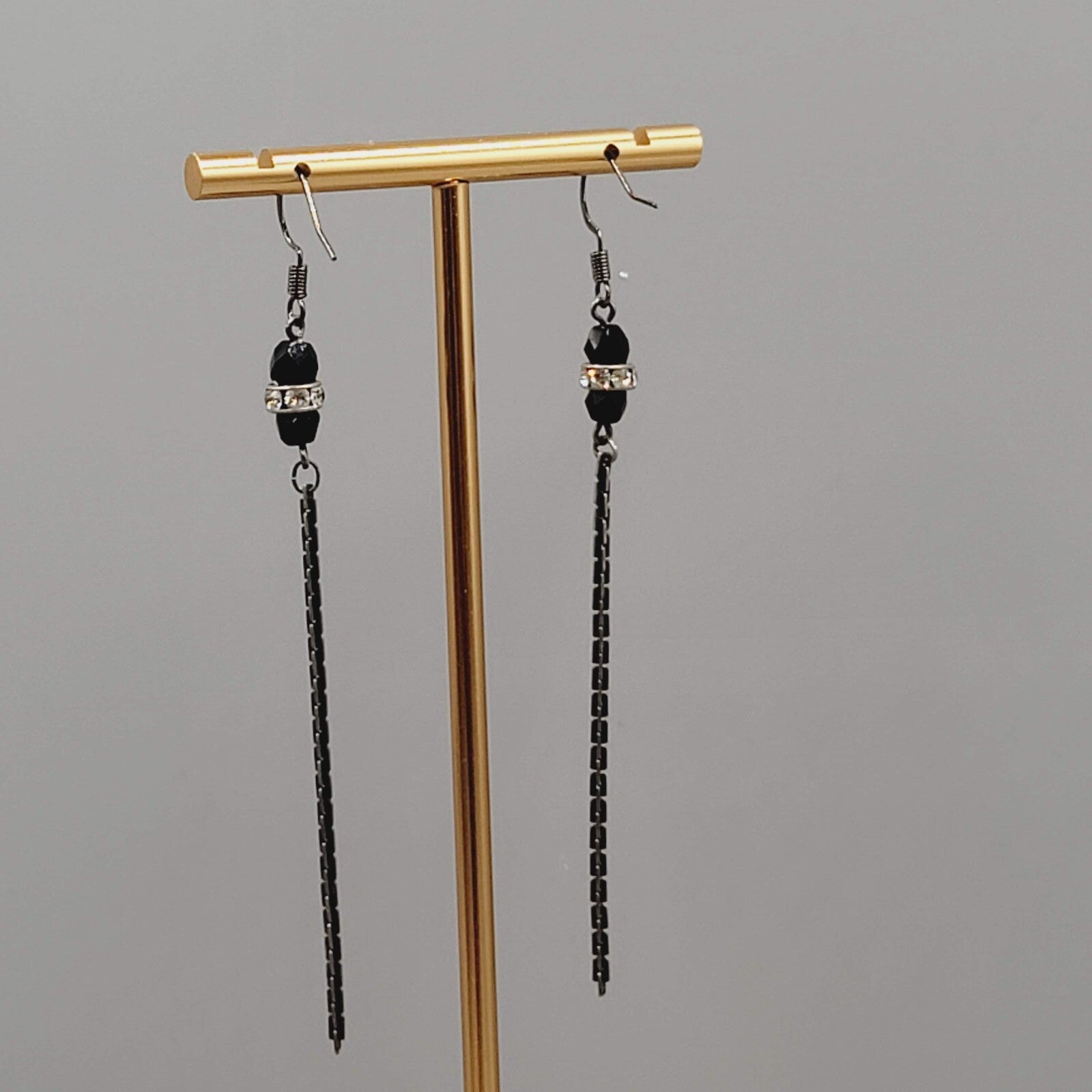 Black Metal Chain Pierced Earrings Rhinestone Bead Dangle 3"
