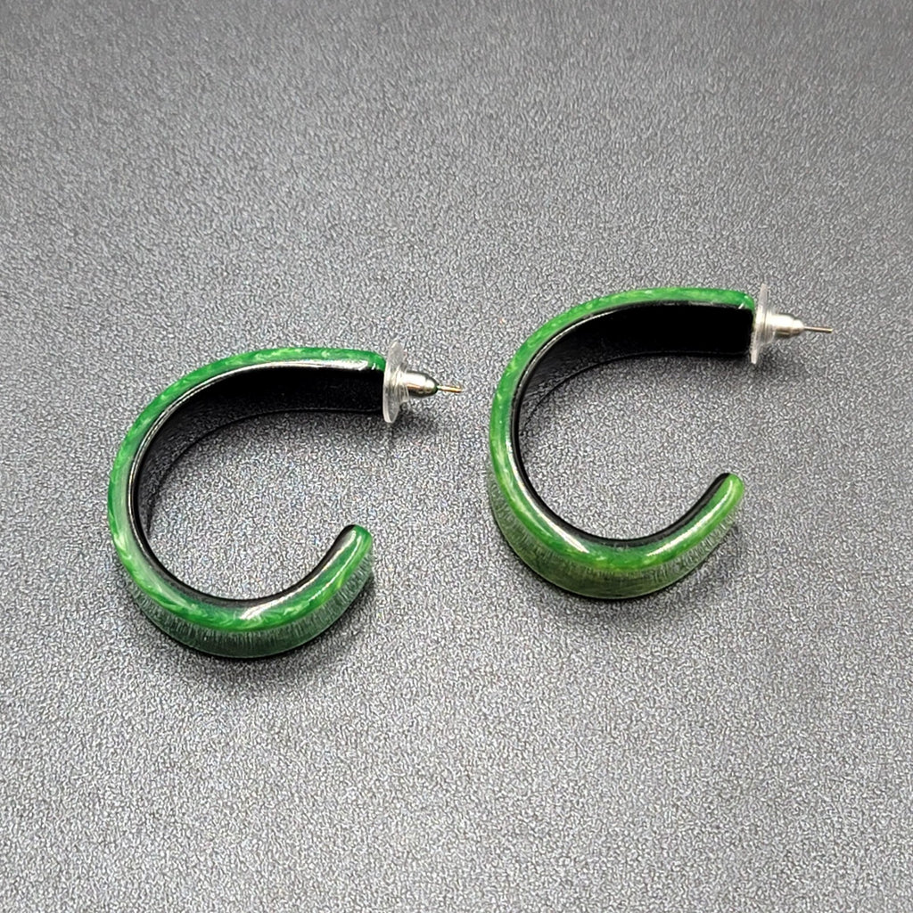 Pierced Earrings Green Black Resin Hoops Artsy 1 5/8"