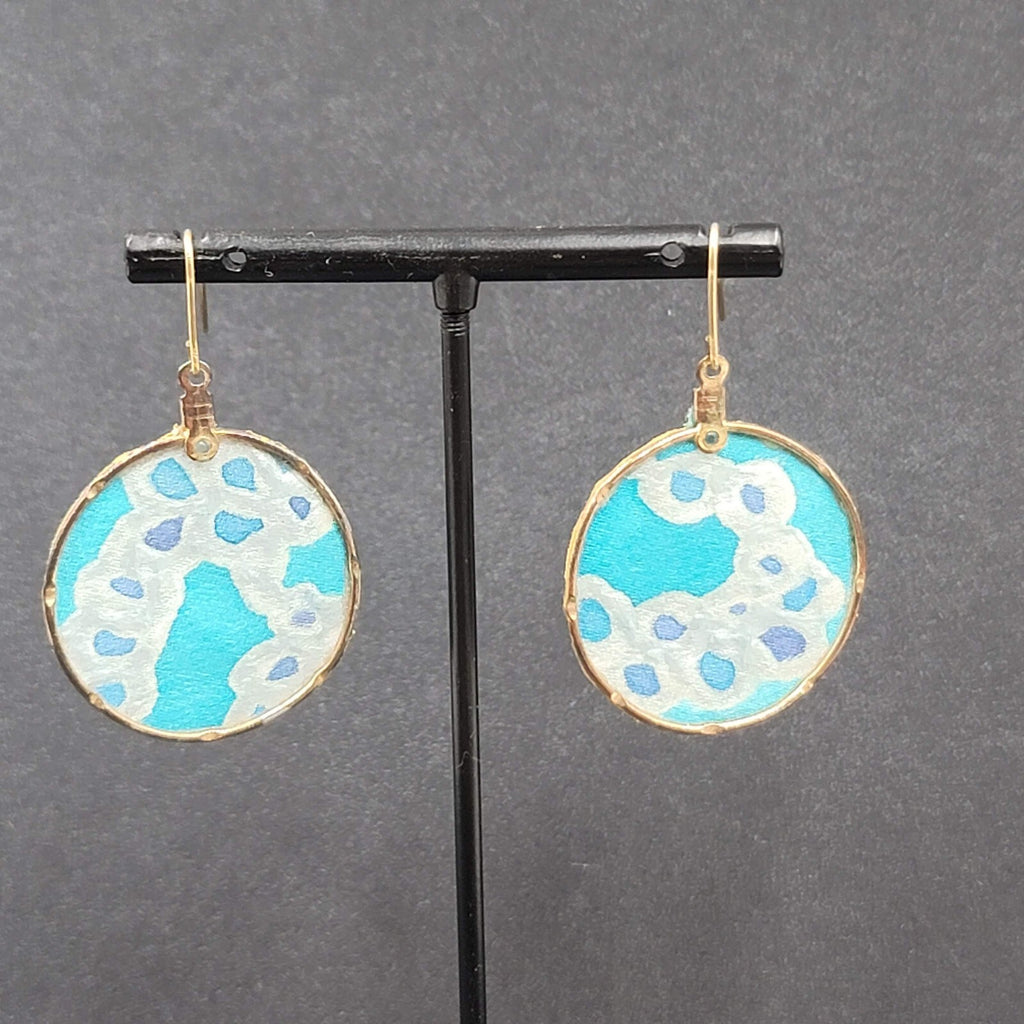 Pierced Earrings Hand Painted Silk Dangle Gold tone 1 3/8"