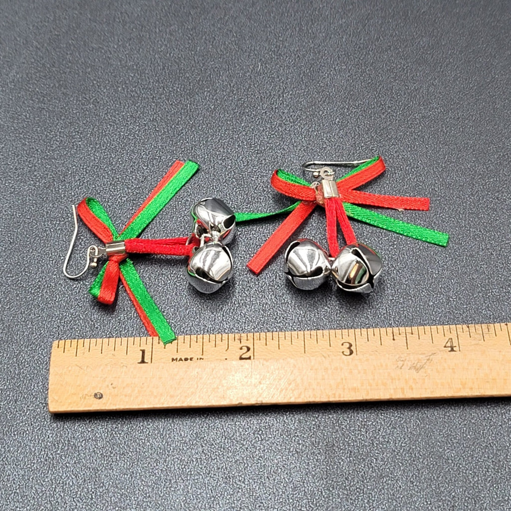 Christmas Holiday Pierced Earrings Ribbon Jingle Bells 1.5"