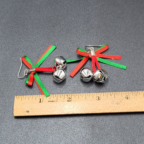Christmas Holiday Pierced Earrings Ribbon Jingle Bells 1.5"