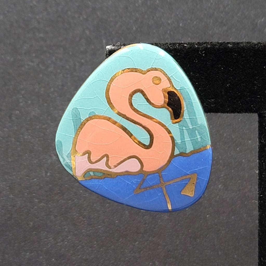 Vintage Flamingo Pierced Earrings Ceramic Hand Painted Drop 1.5"