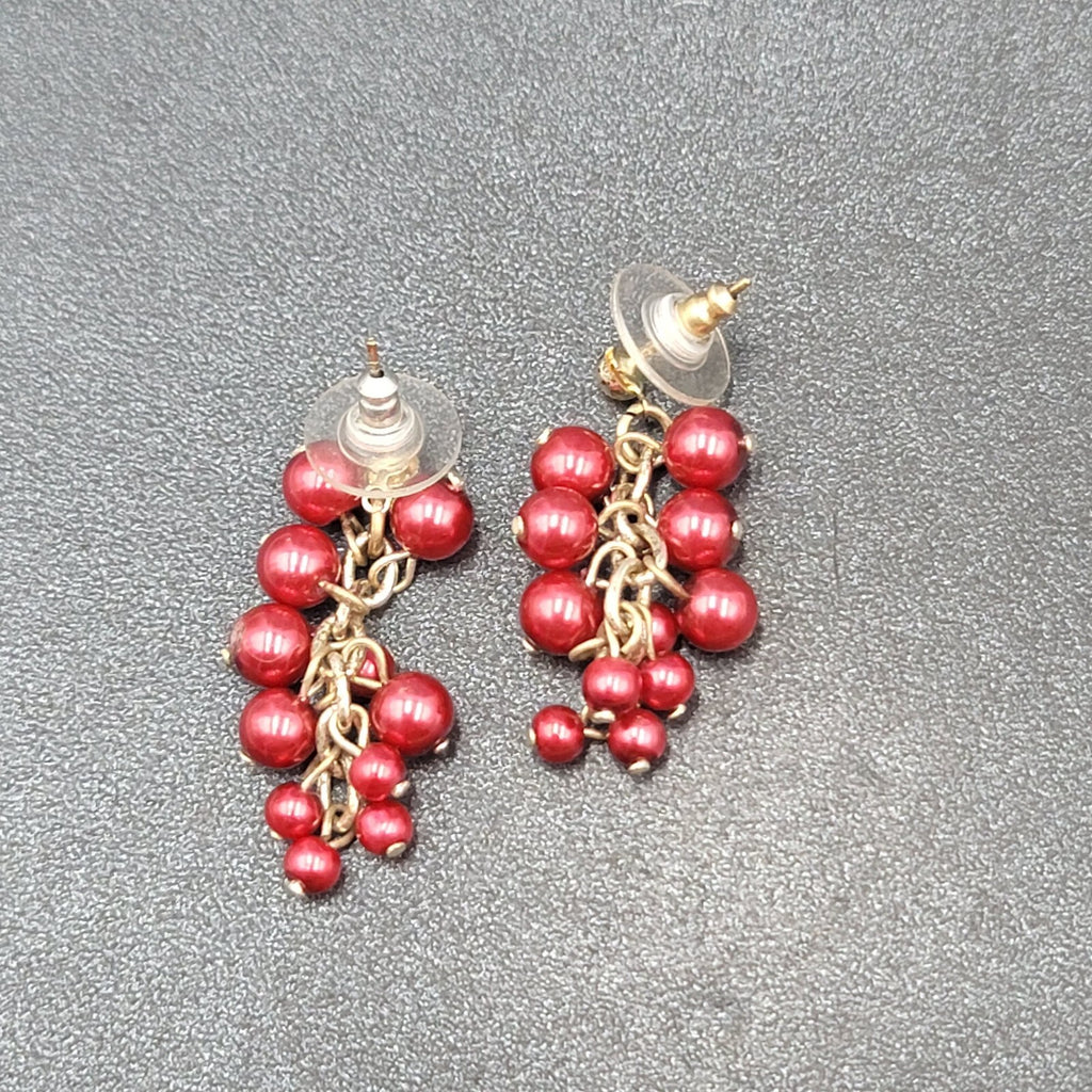 Pierced Earrings Silver tone Cluster Shiny Red Beads Dangle  1 3/8"