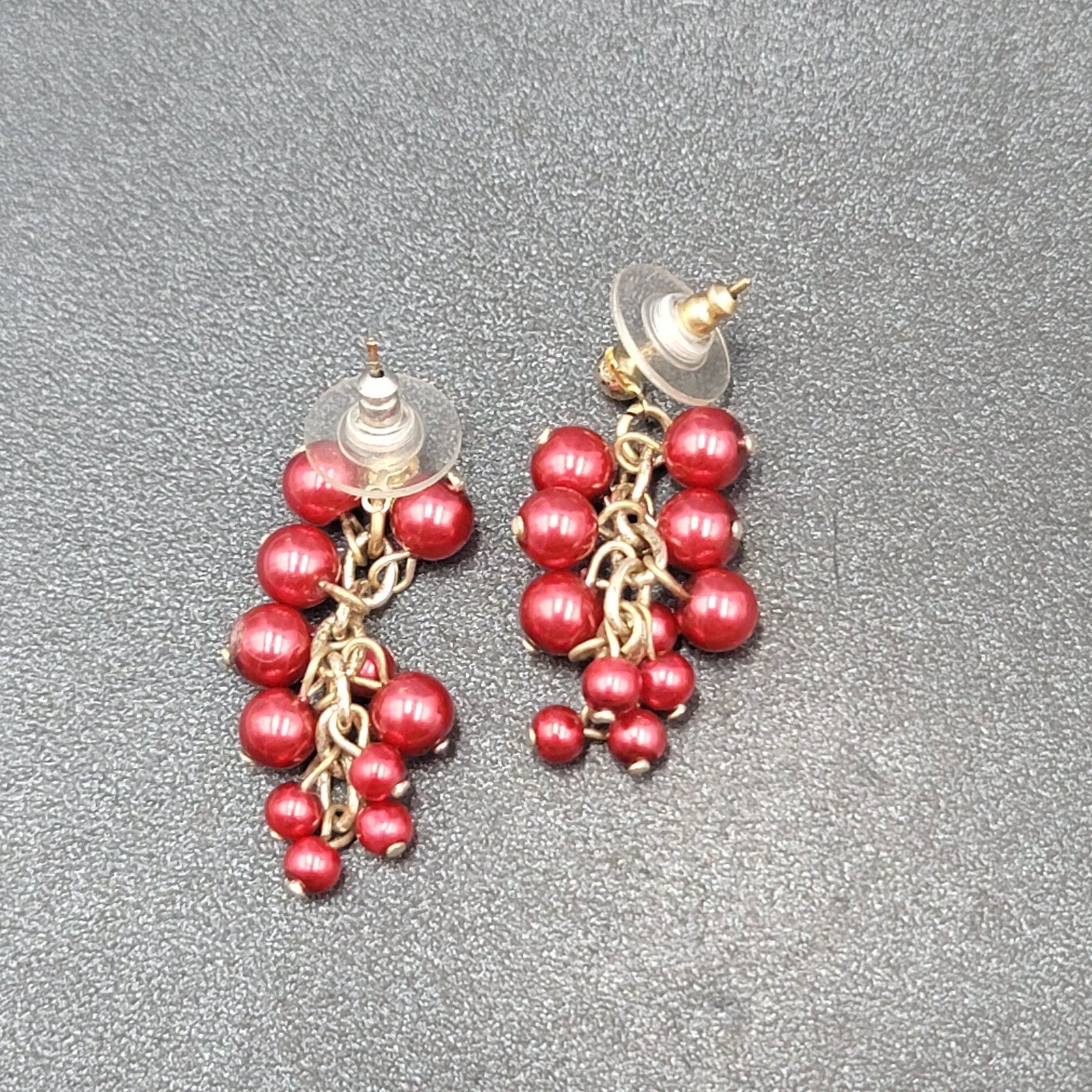 Pierced Earrings Silver tone Cluster Shiny Red Beads Dangle  1 3/8"