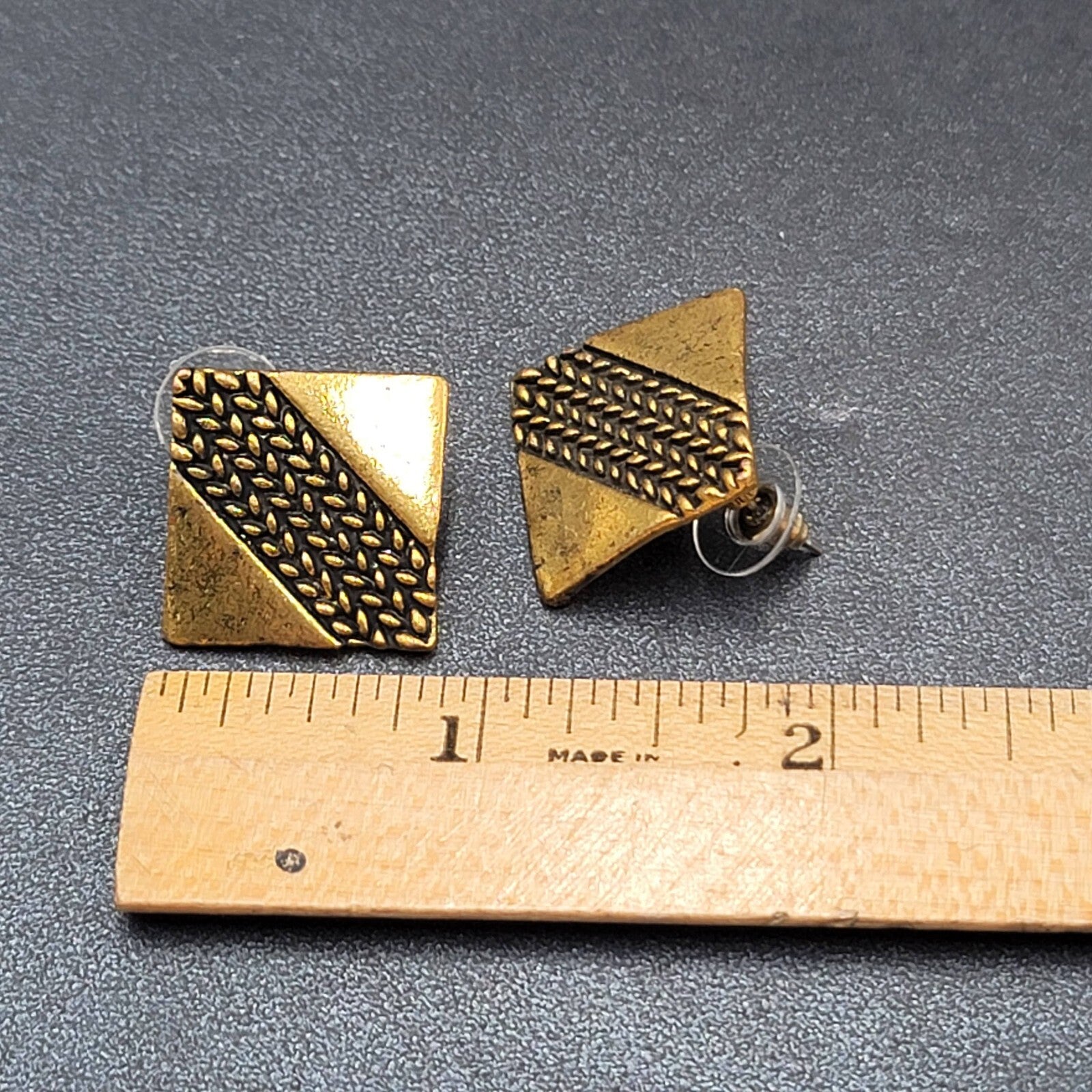 Pierced Earrings Antiqued Gold tone Brutalist Square Drop 1"