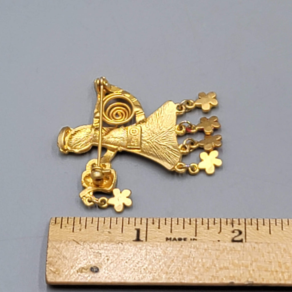 Vintage KC Garden Angel Brooch Gold tone Enamel Flower Rhinestones 1.75 in