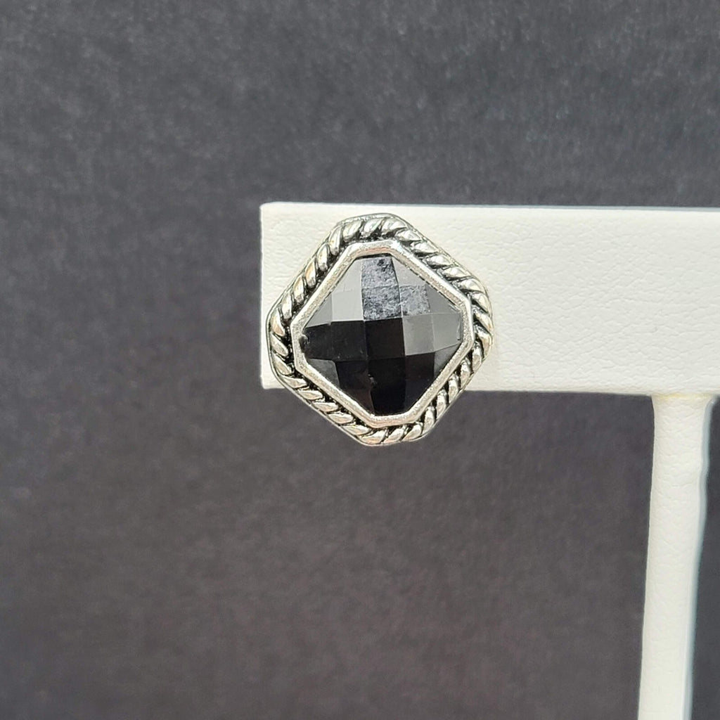 Clip on Earrings Silver tone Black Faceted Square Studs 5/8"