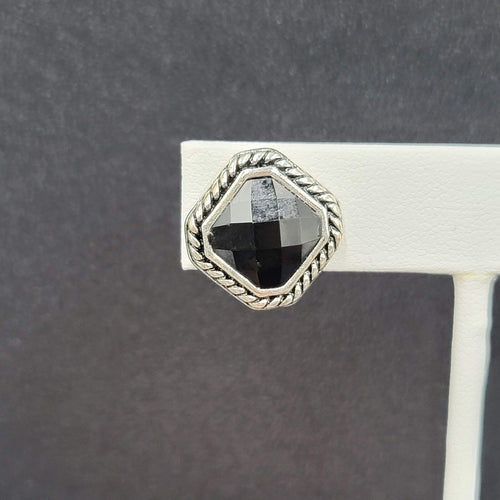 Clip on Earrings Silver tone Black Faceted Square Studs 5/8"