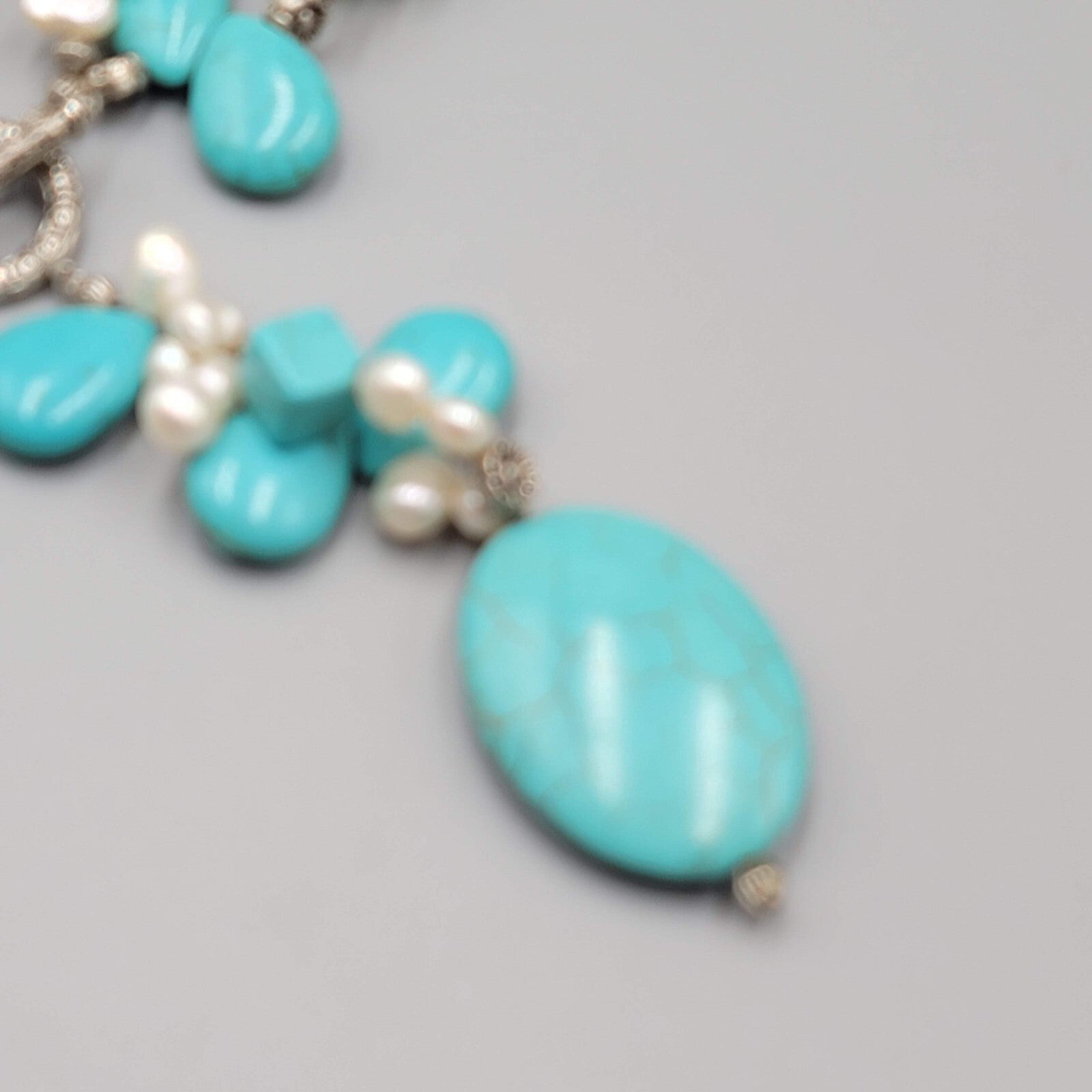 Large Statement Stone Bead Necklace Blue Dyed Howlite Pearl Silver tone Toggle