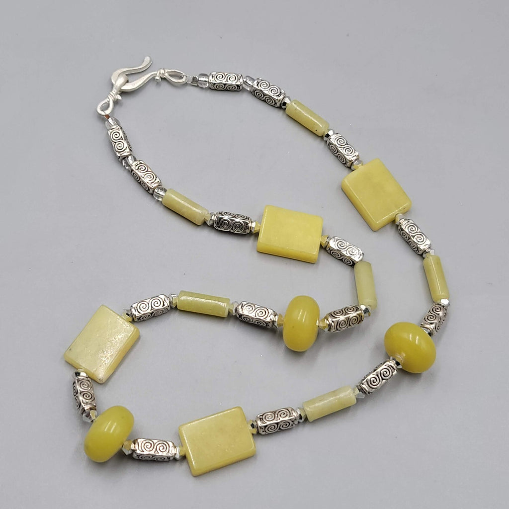 Artisan Light Green Stone Bead Boho Necklace Silver tone 18"