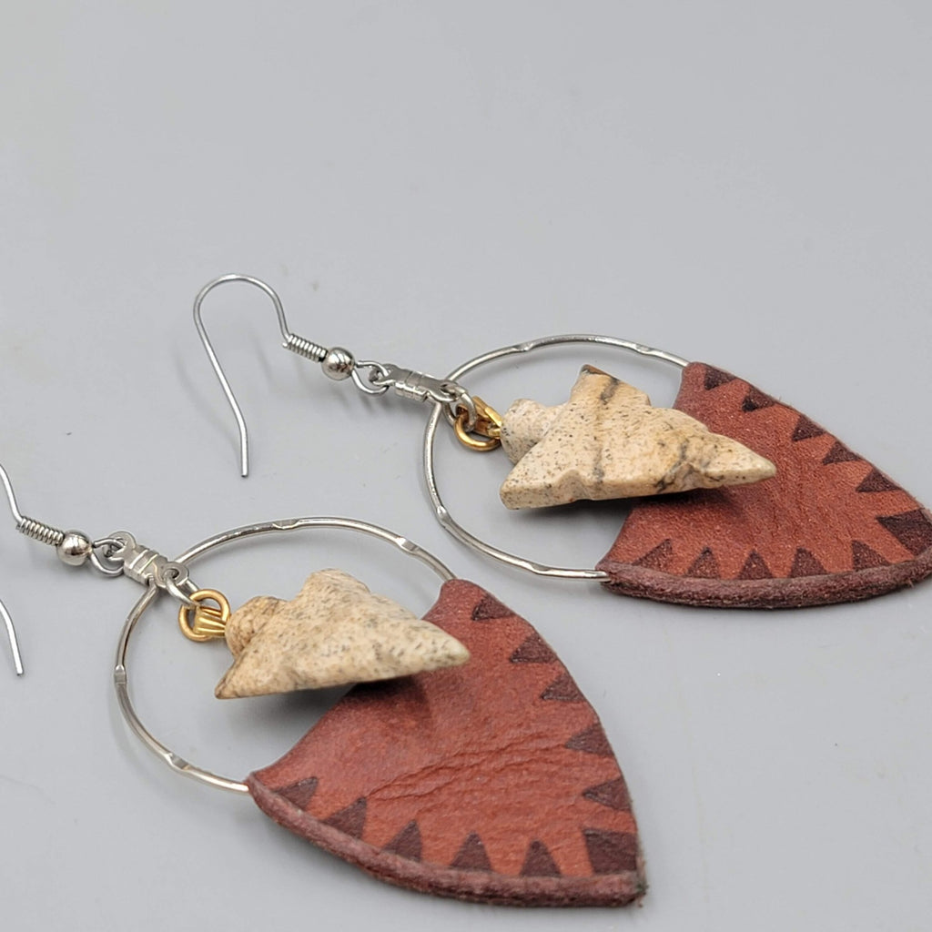 Arrowhead Pierced Earrings Boho Dangle Leather Stone Western Southwestern 2.25"