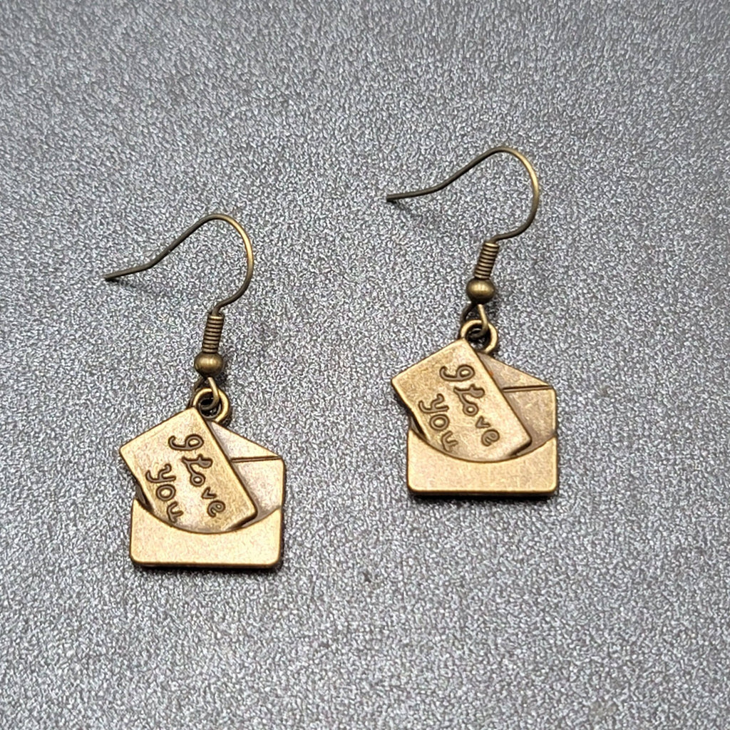 New I Love You Letter Pierced Earrings Bronze tone Dangle 3/4"