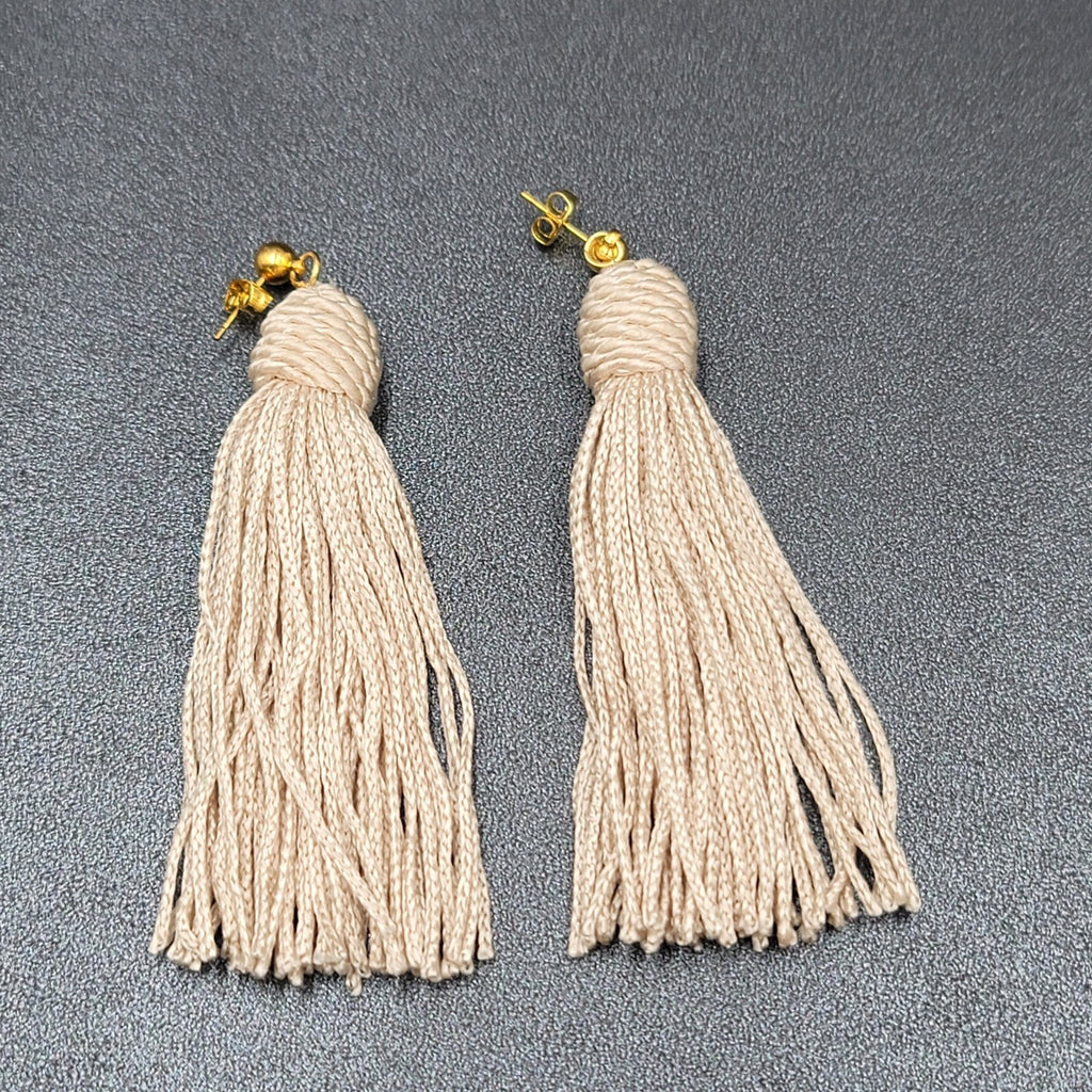 Pierced Earrings Gold tone Off White String Tassel Statement Dangle 3"