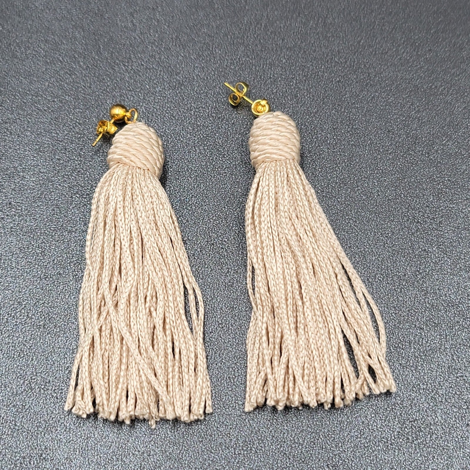 Pierced Earrings Gold tone Off White String Tassel Statement Dangle 3"