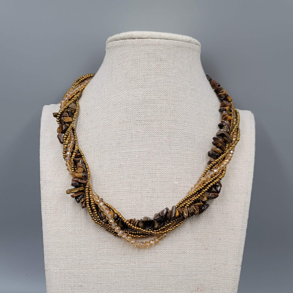Multi Strand Bead Twist Necklace Tigers Eye Crystal 6 Strands 18"-20"