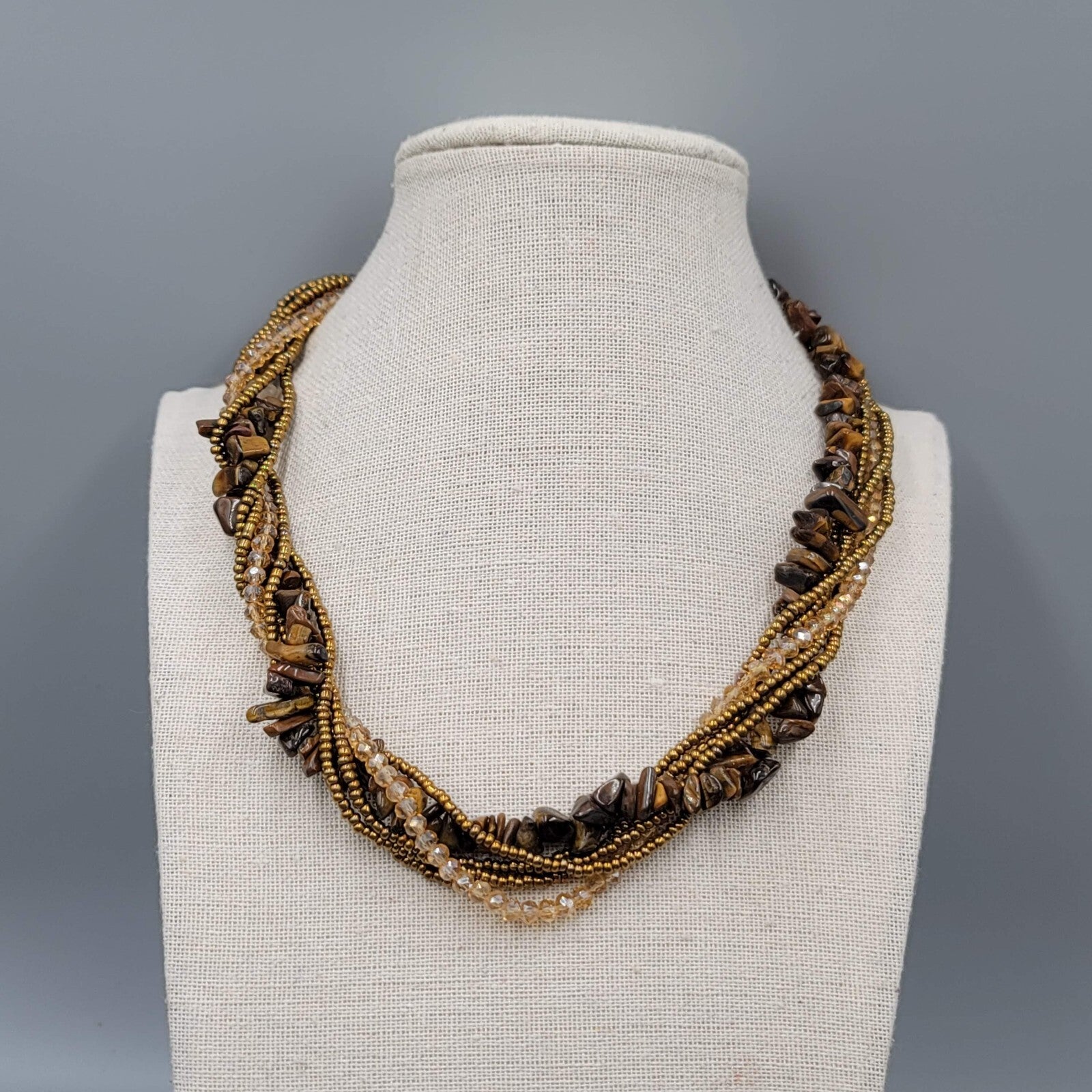 Multi Strand Bead Twist Necklace Tigers Eye Crystal 6 Strands 18"-20"