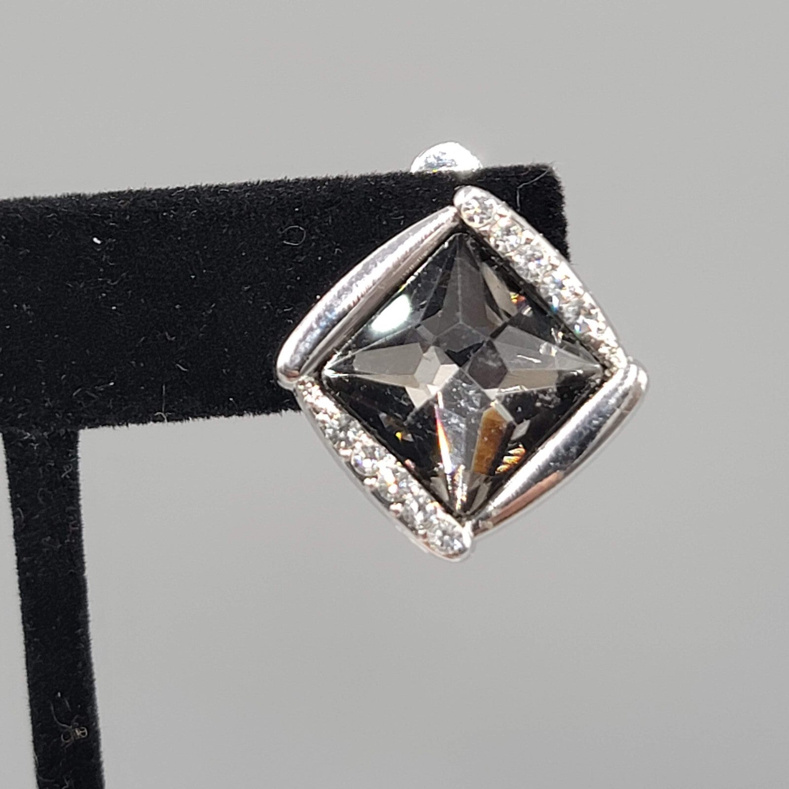 Smokey Gray Square Rhinestone Clip on Earrings Silver tone Stud 7/8"