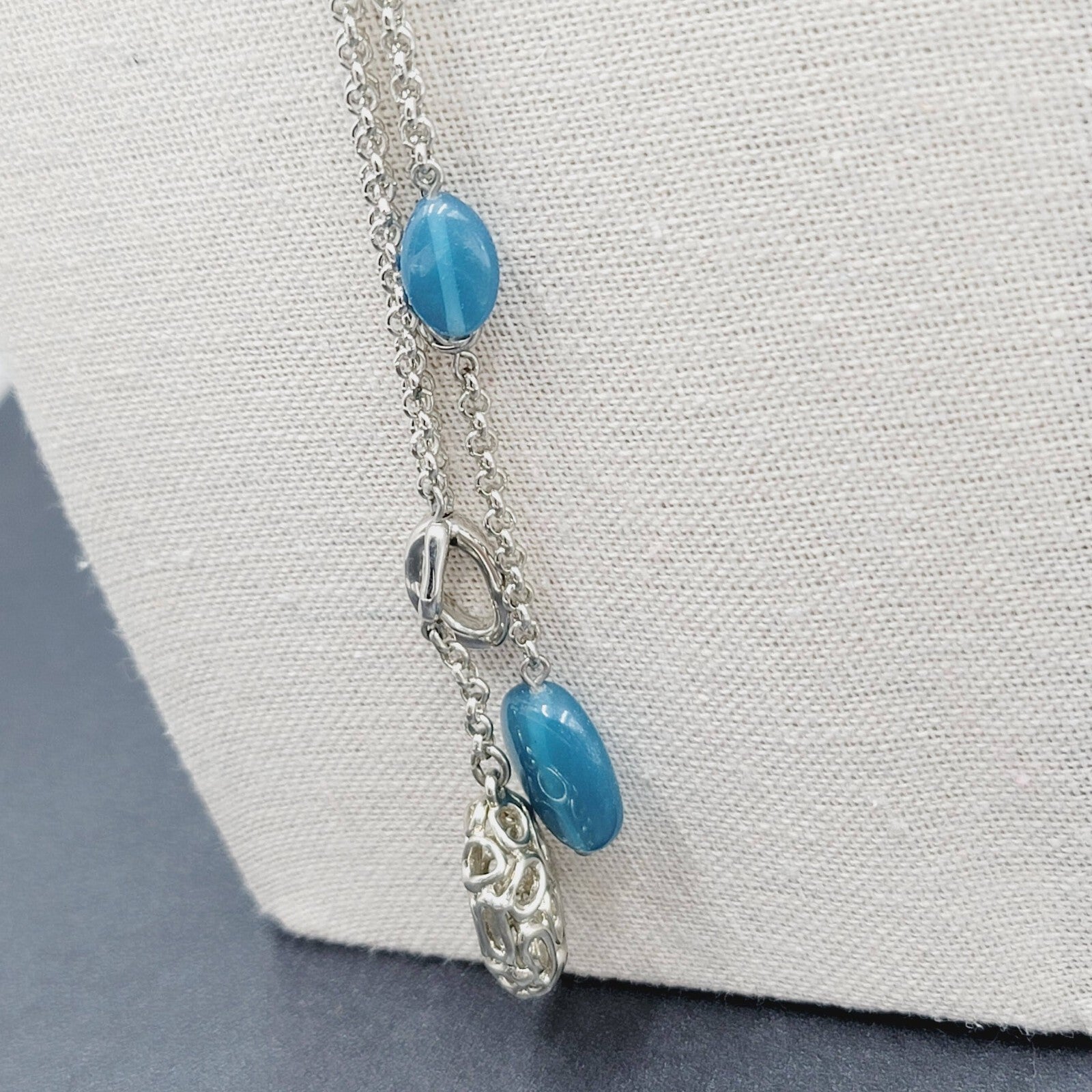 Y Necklace Hematite Silver tone Blue Bead Accent Multi Chain 18" + 5"