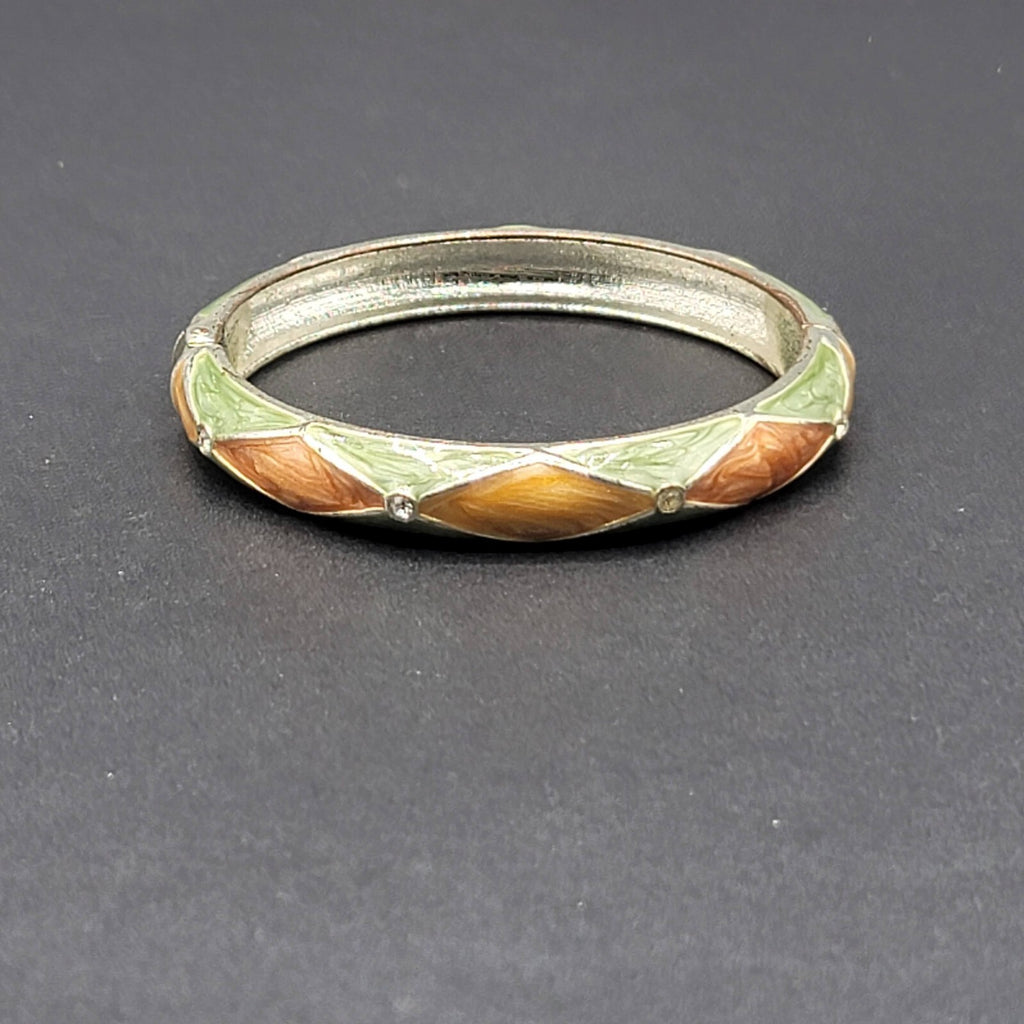 Hinged Bracelet Bangle Silver tone Crystal Green Orange Enamel