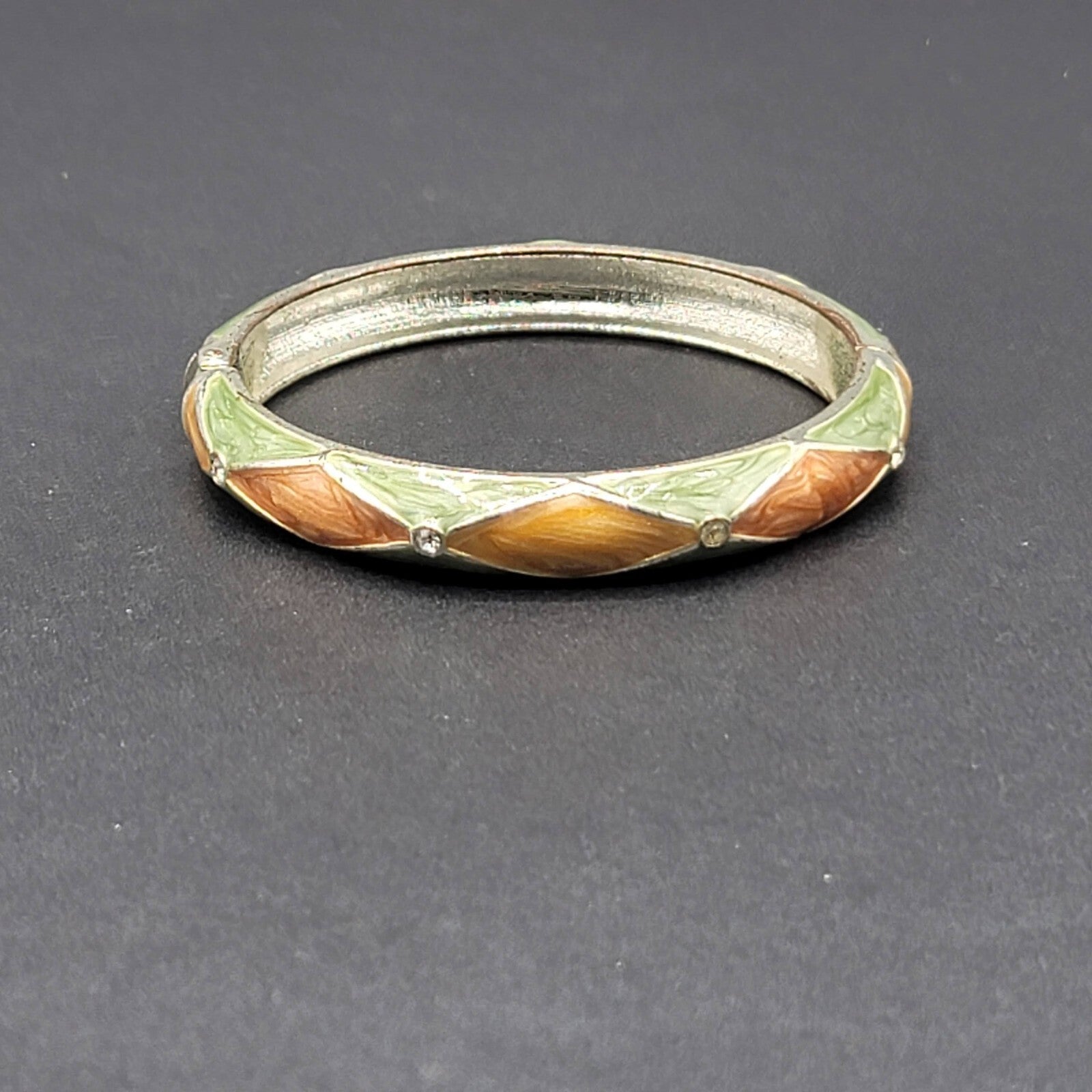 Hinged Bracelet Bangle Silver tone Crystal Green Orange Enamel