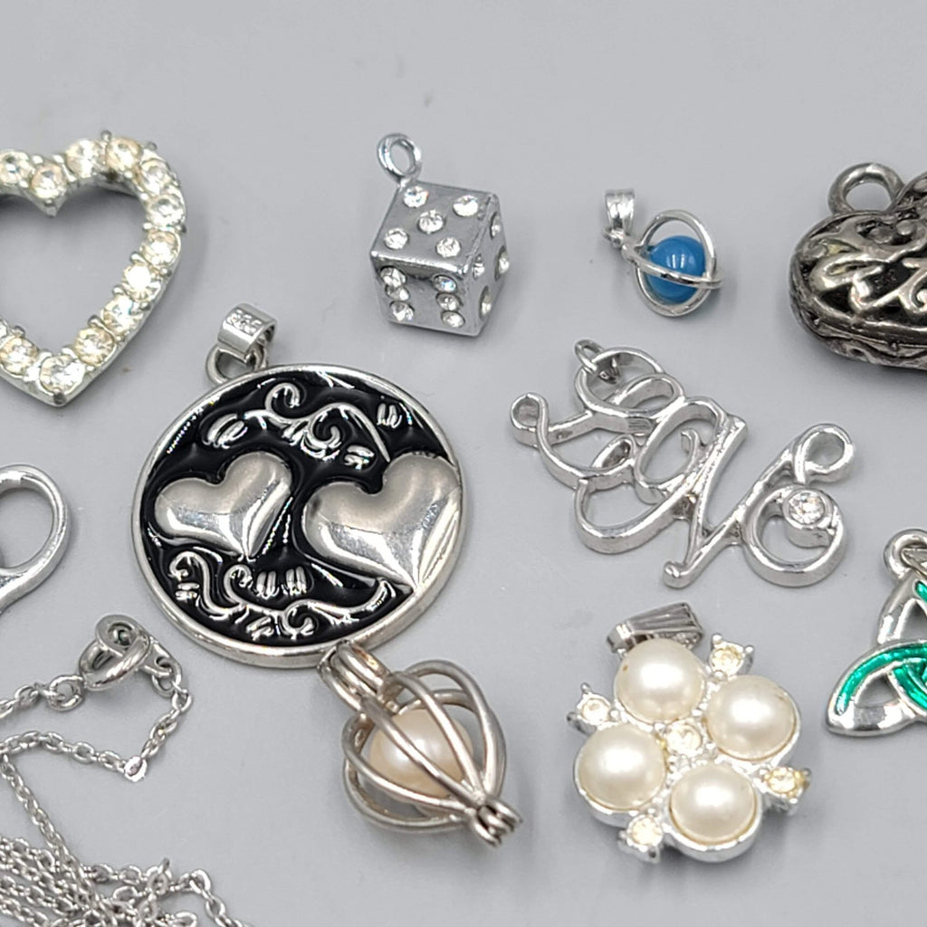 All Silver tone Pendant Lot of 16 Various Styles One Chain Included