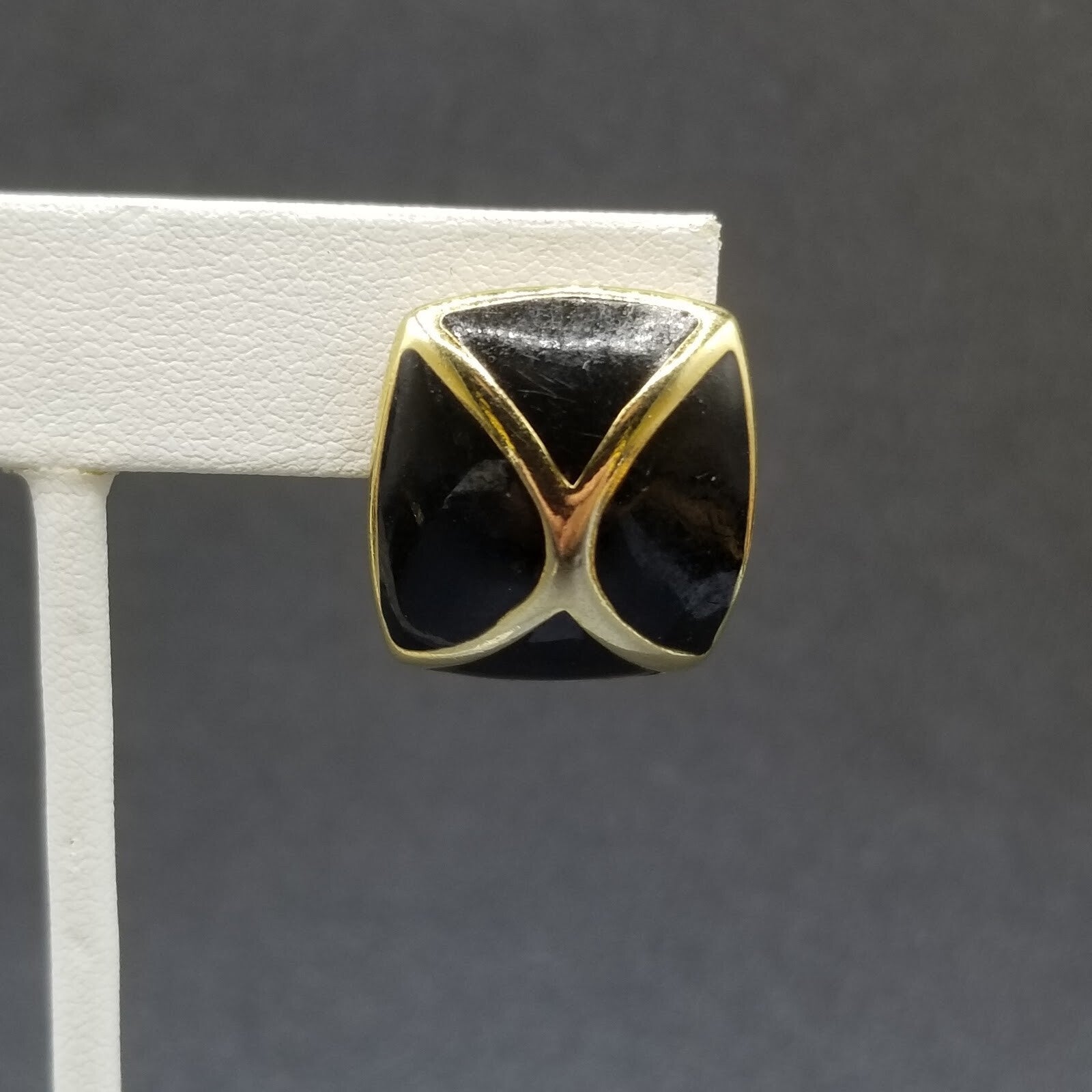 Vintage Clip on Earrings Gold tone Black Enamel Geometric Drop Stud 1"