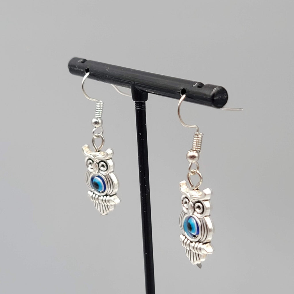 Owl Evil Eye Pierced Earrings Silver tone Blue Bead Dangle 1"
