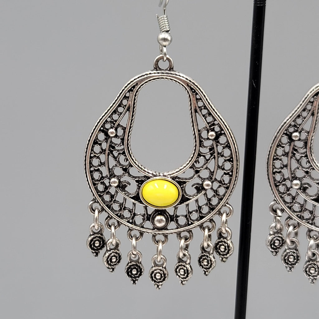 Chandelier Pierced Earrings Silver tone Yellow Accent Dangle 2"