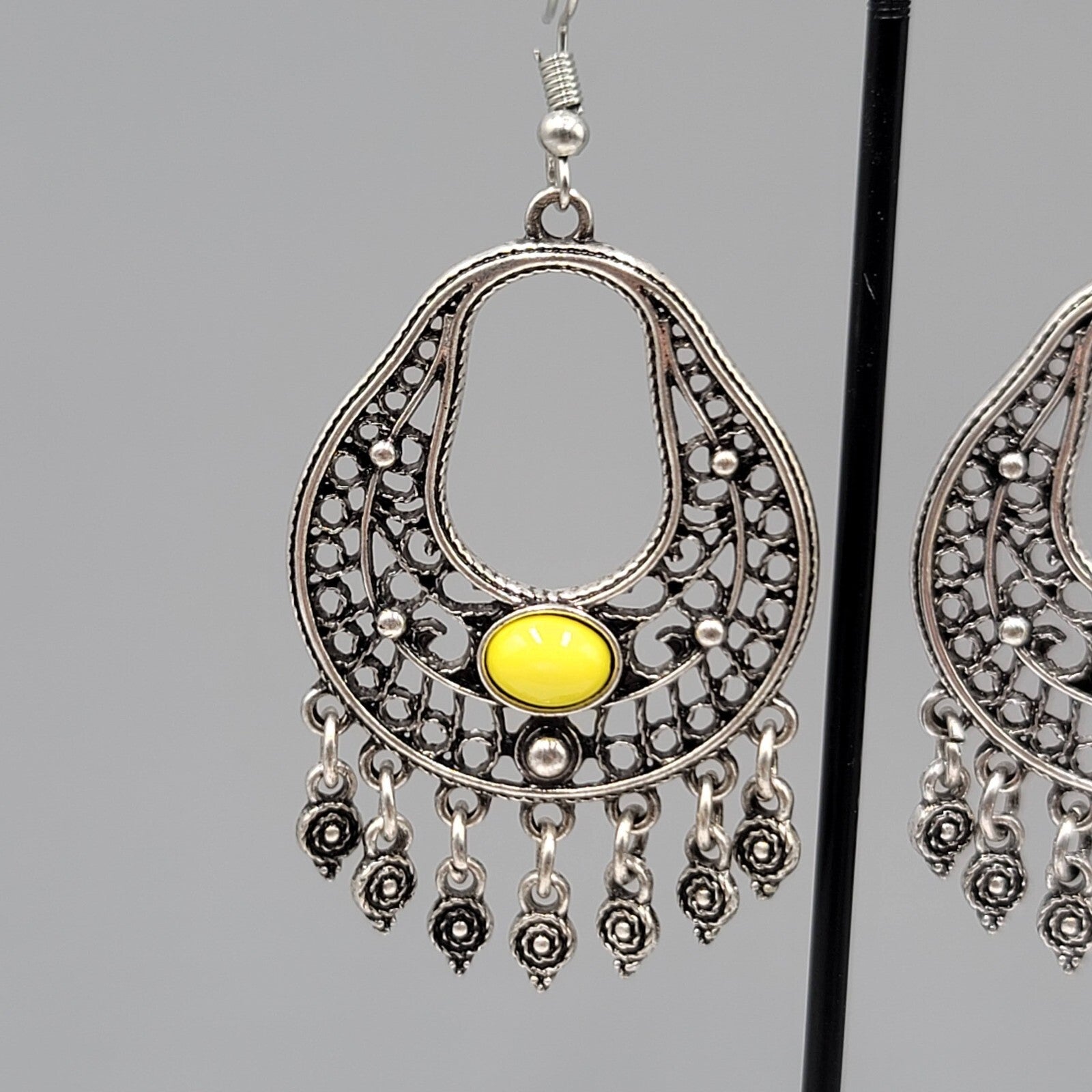 Chandelier Pierced Earrings Silver tone Yellow Accent Dangle 2"