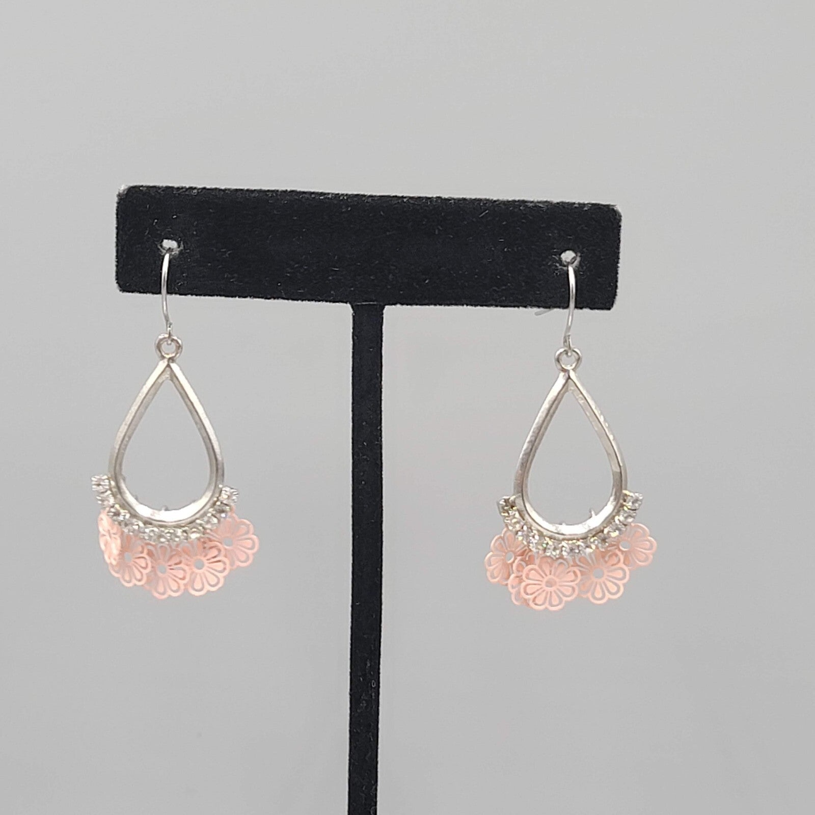 Pink Flowers Pierced Earrings Silver tone Teardrop Rhinestone Dangle 1 3/8"