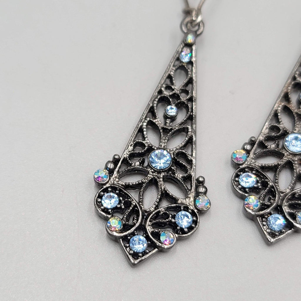Black Metal Blue Rhinestone Pierced Earrings Long Dangle 2"