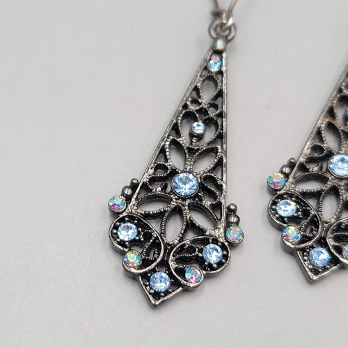Black Metal Blue Rhinestone Pierced Earrings Long Dangle 2"