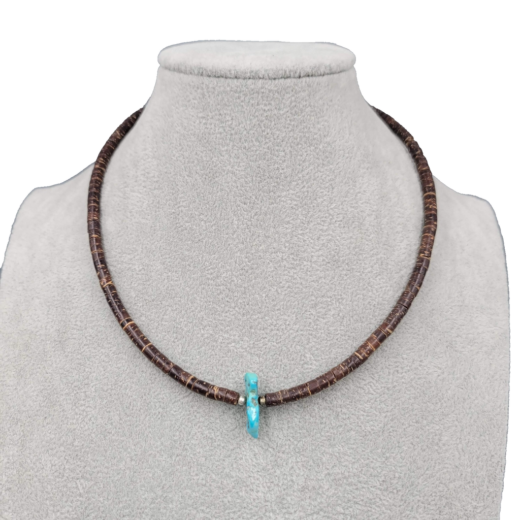 Vintage Coconut Heishi Necklace Turquoise Pendant 16 in Mens Womens
